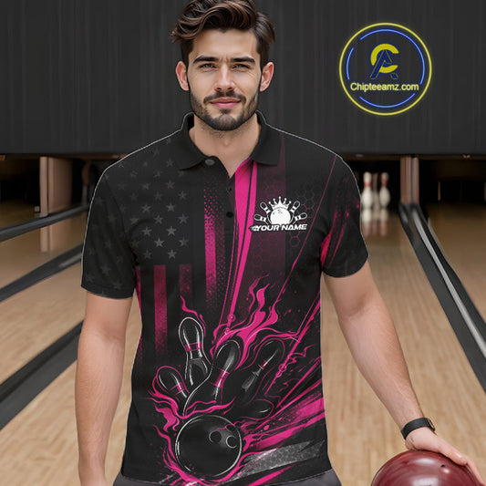 Custom Black And Pink US Flag Patriotic Men Bowling Shirt, American Flame Bowling Jersey IPHW10643