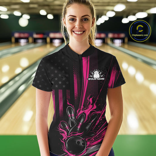Custom Black And Pink US Flag Patriotic Women Bowling Shirt, Flame Bowling Jersey IPHW10643