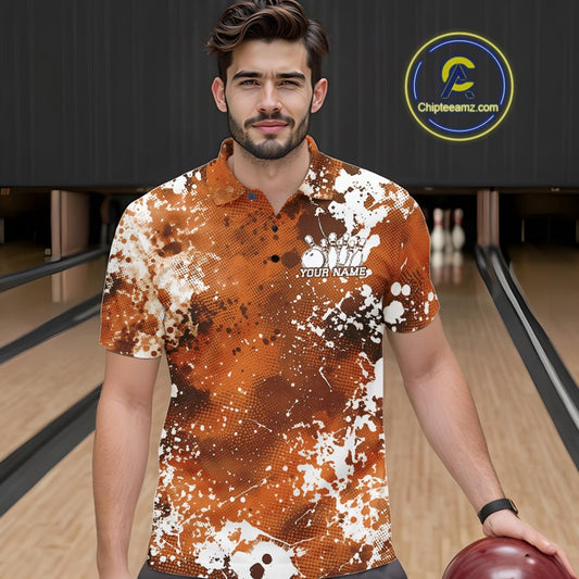 Man wearing a custom polo shirt with a bowling alley background