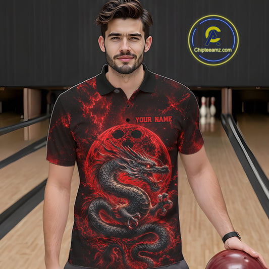 Front view of a male model in a bowling alley wearing a red custom bowling polo shirt featuring an ancient dragon, flames, and a moon-inspired bowling ball design.