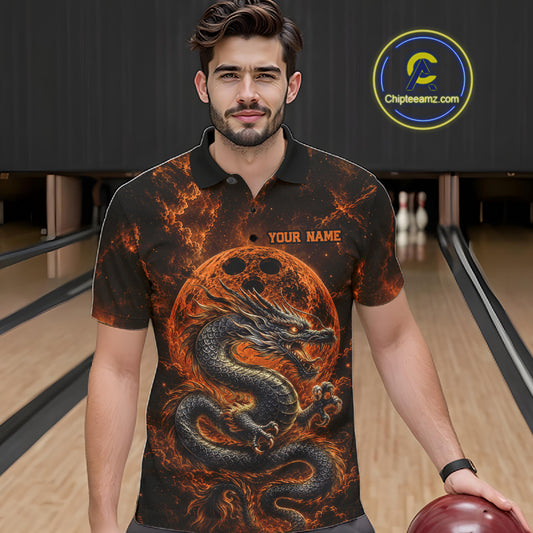 Front view of a male model in a bowling alley wearing an orange custom bowling polo shirt featuring an ancient dragon, flames, and a moon-inspired bowling ball design.