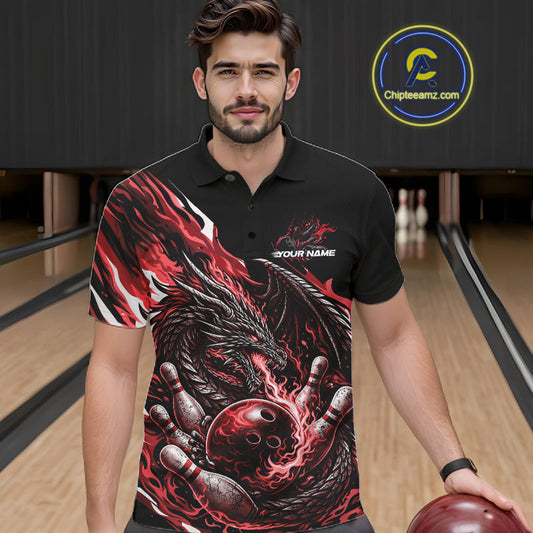 Custom Red Flame Dragon Bowling Men Polo Team Shirts, Bowling Tournament Shirt IPHW10360