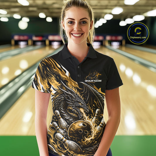 Custom Yellow Flame Dragon Bowling Women Polo Team Shirts, Bowling Tournament Shirt IPHW10361