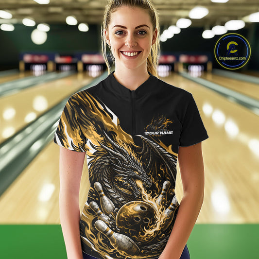 Custom Yellow Flame Dragon Bowling Women Quarter-Zip Shirts, Bowling Tournament Shirt IPHW10361
