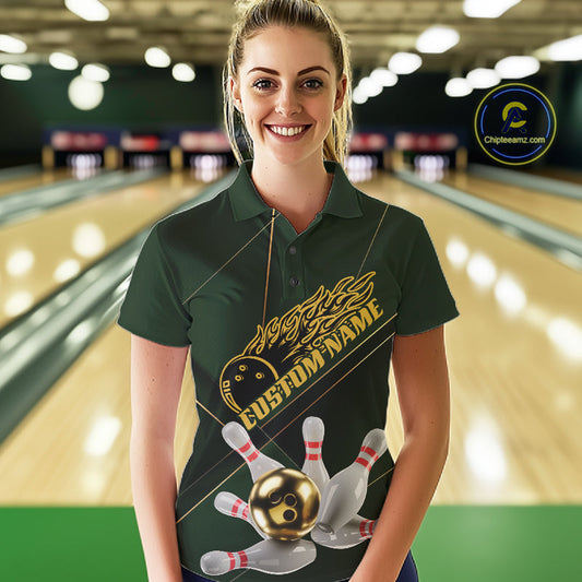 Custom Green And Gold Bowling Shirts For Women, Flame Bowling Team Shirts Bowling Uniform IPHW10663