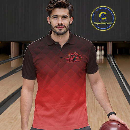 Bowling Heartbeat Pulse Line Red Argyle Custom Bowling Team Polo Shirts For Men IPHW10664