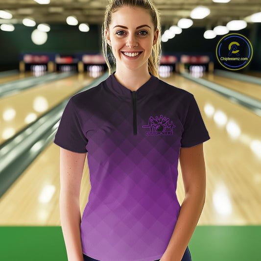 Bowling Heartbeat Pulse Line Purple Argyle Custom Bowling Quarter-Zip Shirts For Women IPHW10665