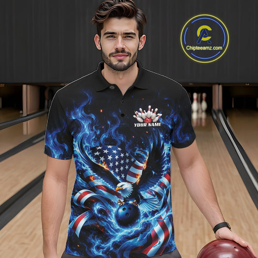 Front view of a male model at the bowling lane wearing a polo shirt with flaming eagle graphics, blue bowling ball, American flag, and blue flames.