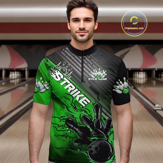 Custom Green Strike Flame Bowling Quarter-Zip Shirts For Men, Bowling Team Shirt Bowlers Outift IPHW9616