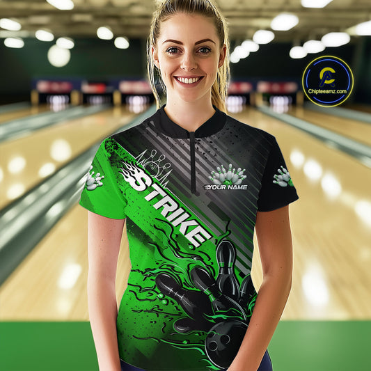 Custom Green Strike Flame Bowling Women Quarter Zip Shirt, Team Shirt Bowlers Outift IPHW9616