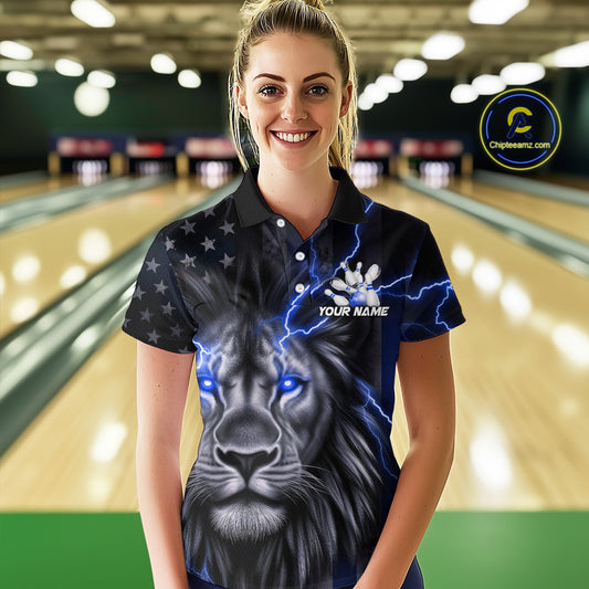 Custom Blue Thunder Lightning Patriotic Lion Women Polo Shirts, US Flag Bowling Jerseys IPHW9320