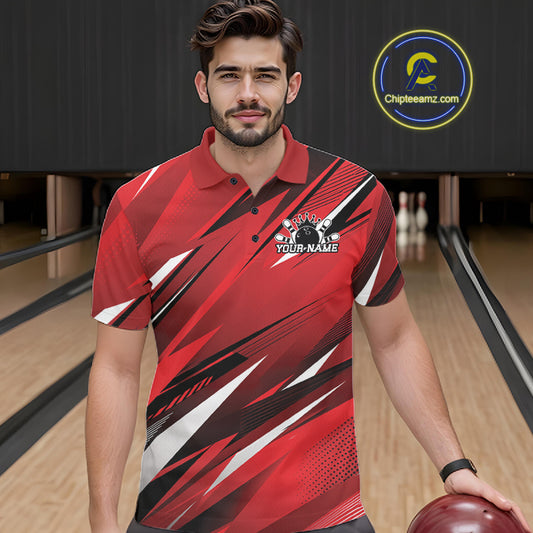 Man wearing a red and black bowling shirt with a personalized name on a bowling alley.