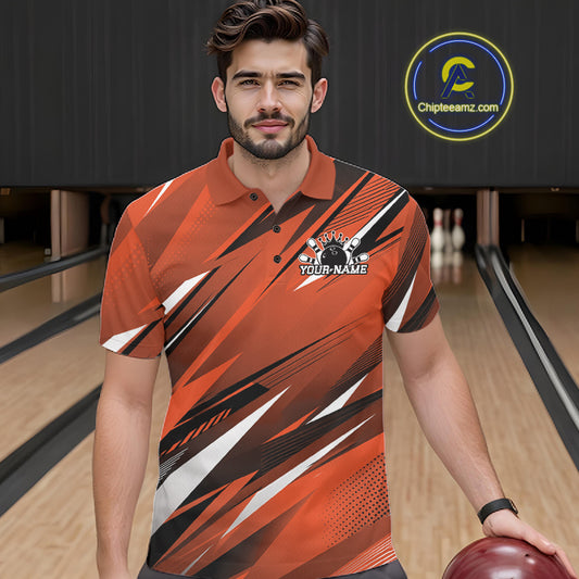 Man wearing a custom bowling shirt with a bowling alley in the background