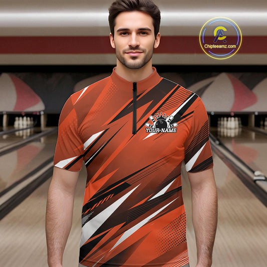 Man wearing a custom bowling shirt with a bowling alley in the background