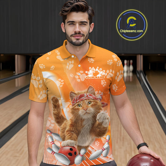 Custom Funny Orange Cat Bowling Men Polo Shirt, Cat Paw Team Bowling Shirt IPHW10103