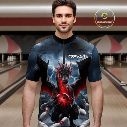 Custom Red Dragon Bowling Men Quarter-Zip Shirts, Dragon Bowling Team Tournament Outfit IPHW9106