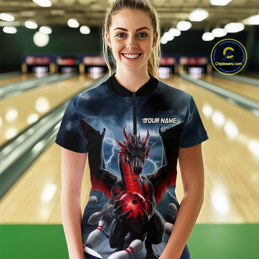 Custom Red Dragon Bowling Women Quarter-Zip Shirts, Dragon Bowling Team Tournament Outfit IPHW9106