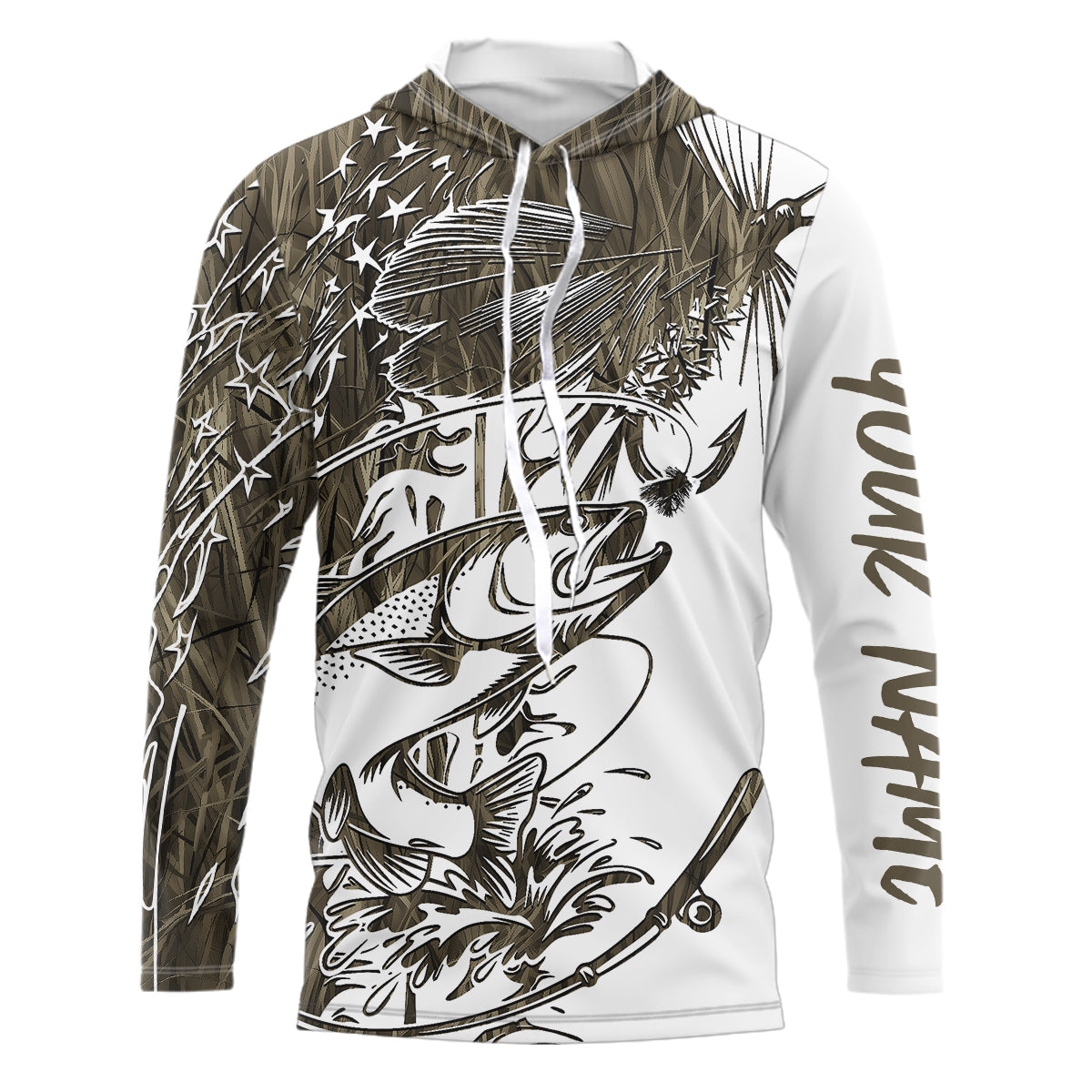 Custom Patriotic Trout Brown Camo Fly Fishing Long Sleeve Hooded Shirts, US Flyfishing Shirt IPHW9142