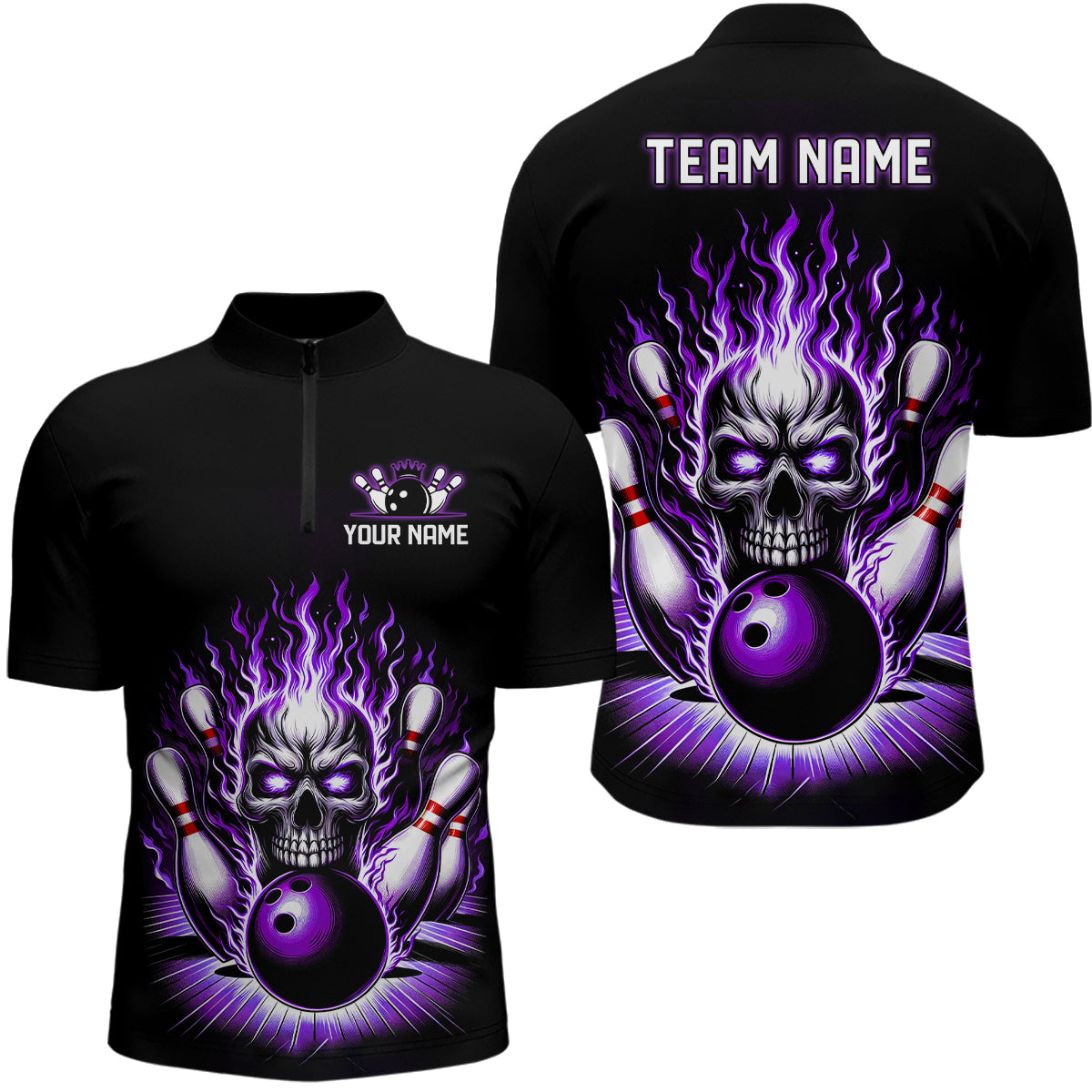 Personalized Unisex Skull Bowling Shirt Custom Team'S Name Flame Bowler Jerseys | Purple IPHW6511