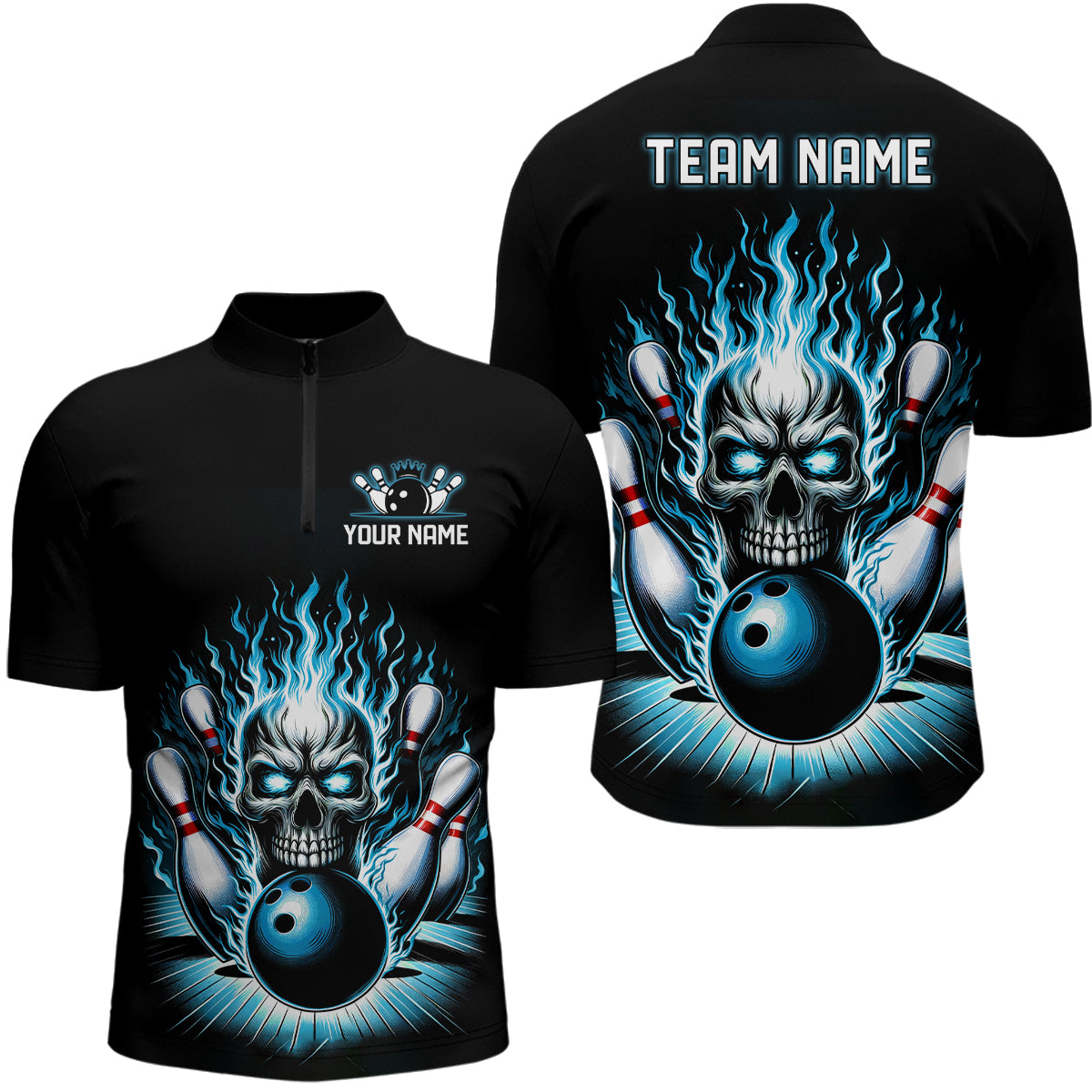 Personalized Unisex Skull Bowling Shirt Custom Team'S Name Flame Bowler Jerseys | Teal Blue IPHW6512