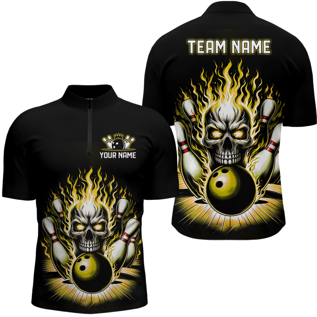 Personalized Unisex Skull Bowling Shirt Custom Team'S Name Flame Bowler Jerseys | Yellow IPHW6513