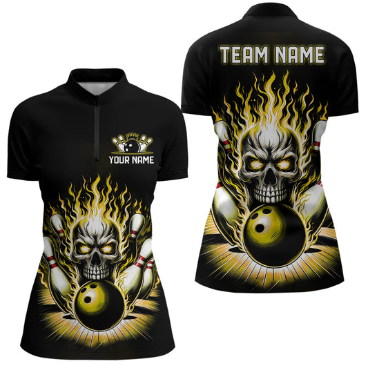 Personalized Ladies Skull Bowling Shirt Custom Team'S Name Flame Bowler Jerseys | Yellow IPHW6513