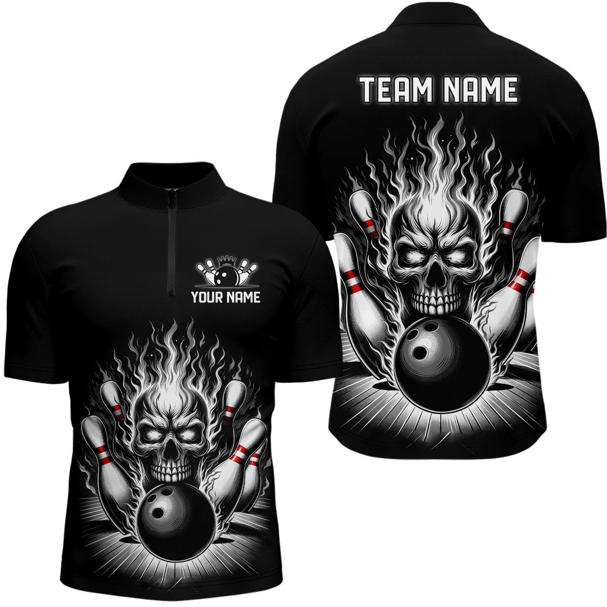 Personalized Unisex Skull Bowling Shirt Custom Team'S Name Flame Bowler Jerseys | Black And White IPHW6514