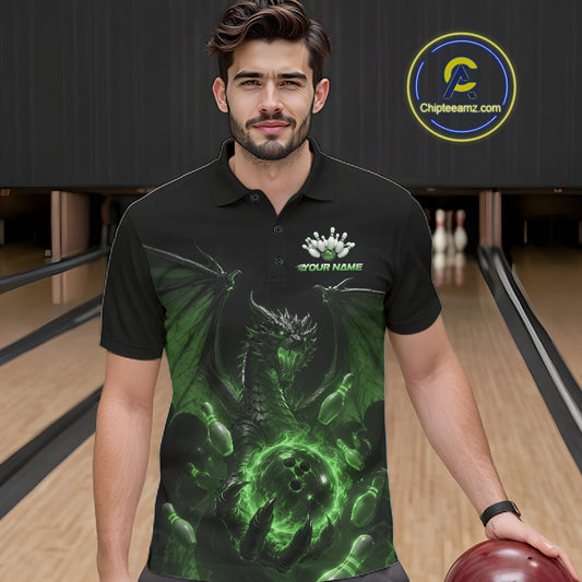 Custom Green Dragon Flame Bowling Team Men Polo Shirt, Bowling League Shirt IPHW11669