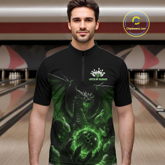 Custom Green Dragon Flame Bowling Team Men Quarter Zip Shirt, Bowling League Shirt IPHW11669