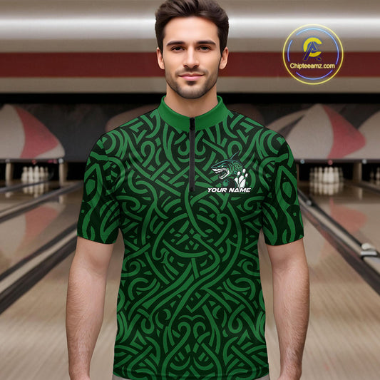 Custom Green Tribal Shark Bowling Team Men Quarter-Zip Shirt, Shark Bowling Tournament Shirt IPHW10176