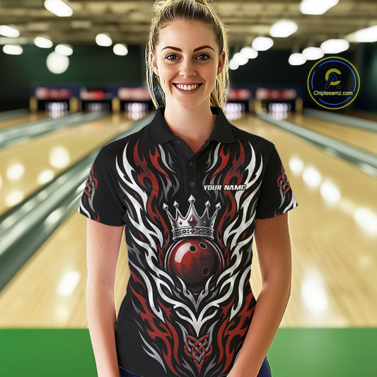 Custom Black And Red Irish Tribal Pattern Bowling Ball With Crown Women Polo Shirt IPHW11693