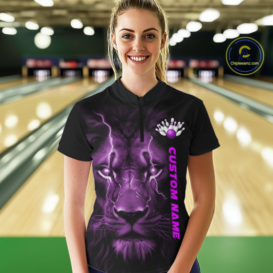 Custom Purple Thunder Lightning Lion Bowling Shirt For Women, Lion Bowling Team Jerseys IPHW10667
