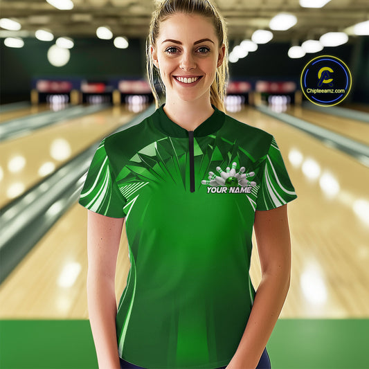 Custom Green Bowling Tournament Bowling Women Quarter-Zip Shirts With Team Name IPHW9281