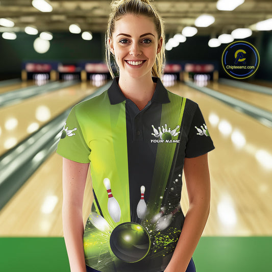 Custom Black And Green Bowling Jerseys, Glowing Motion Graphic Bowling Women Polo Shirt IPHW9443