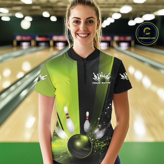 Custom Black And Green Bowling Jerseys, Glowing Motion Bowling Women Quarter-Zip Shirt IPHW9443