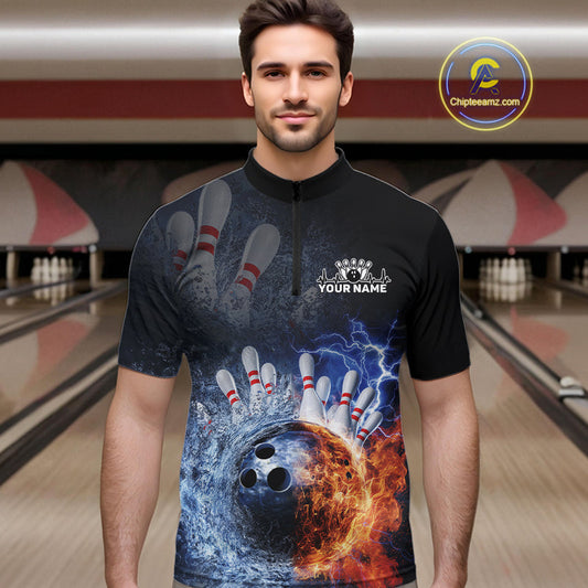 Custom Lightning, Fire And Water Splash Energy Burst Bowling Team Quarter-Zip Shirts For Men IPHW9451