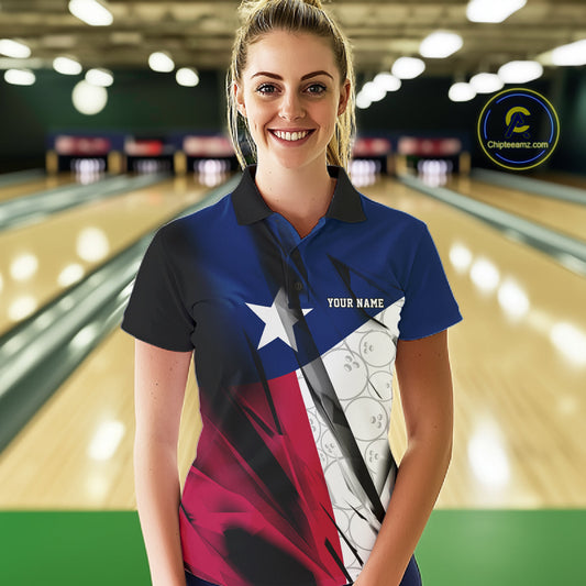 Custom Texas Flag Bowling Team Women Polo Shirts, Texas Bowling League Shirt Team Uniform IPHW9634