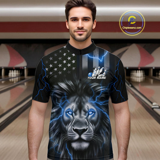 Custom Blue Thunder Lightning Patriotic Lion Quarter-Zip Shirts For Men, US Flag Bowling Jerseys IPHW9323