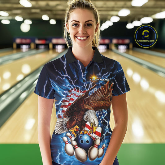 Custom Blue Lightning US Flag Eagle Bowling Team Polo Shirts For Women, Patriotic Bowling IPHW9477