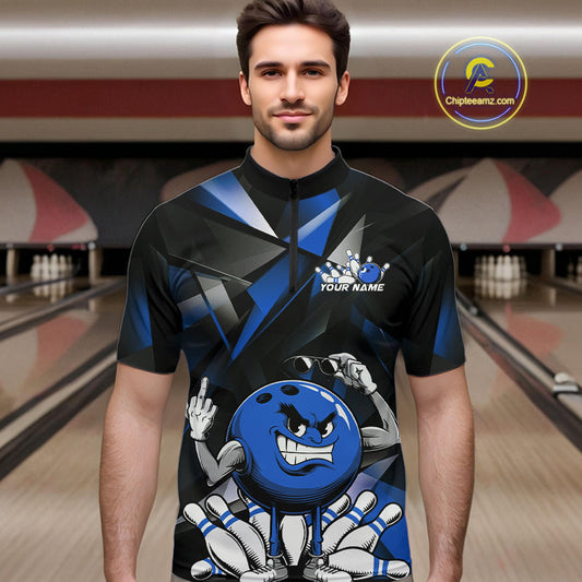 Black And Blue Custom Funny Bowling Team Quarter-Zip Shirts For Men, Bowling Jerseys IPHW9357