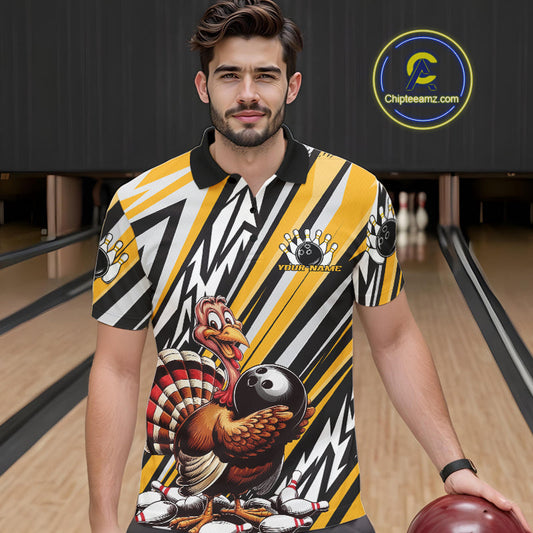 Custom Yellow Funny Thanksgiving Turkey Bowling Team Men Polo Shirts, Bowling Jerseys IPHW9720