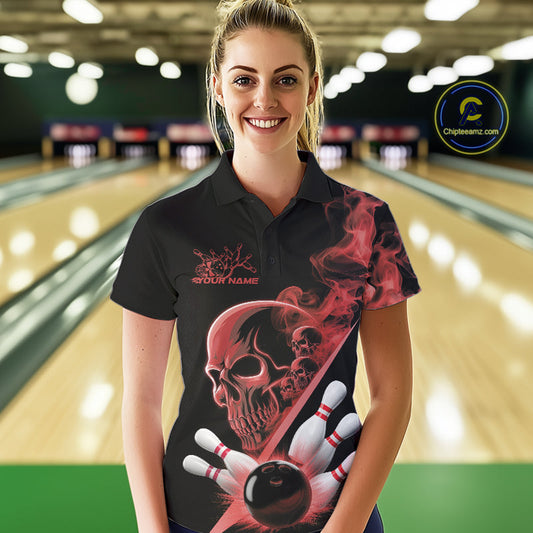Custom Red Smoke Skull Women Bowling Team Polo Shirts, Hallowen Bowlers Jerseys IPHW9524