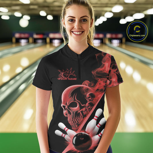 Custom Red Smoke Skull Women Bowling Team Quarter-Zip Shirts, Hallowen Bowlers Jerseys IPHW9524