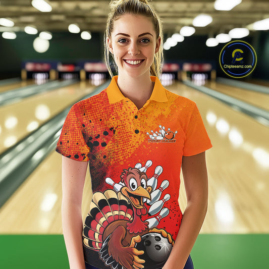 Custom Funny Orange Turkey Bowling Team Women Polo Shirts, Thanksgiving Bowling Outfit IPHW9785