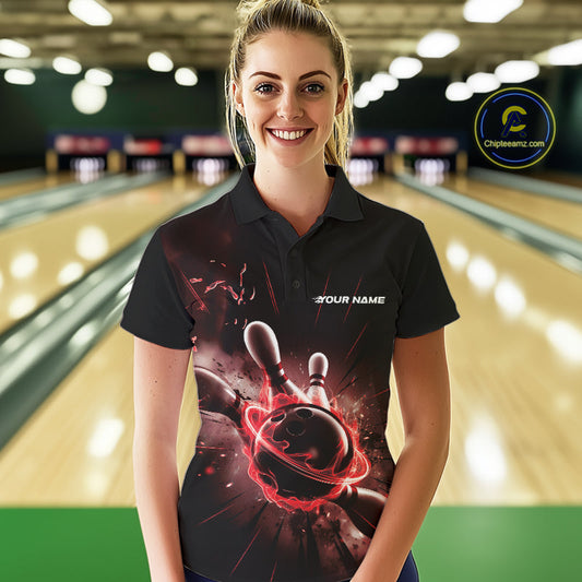 Custom Galaxy Red Flame Bowling Polo Shirt For Women, Bowling League Team Uniform IPHW9569