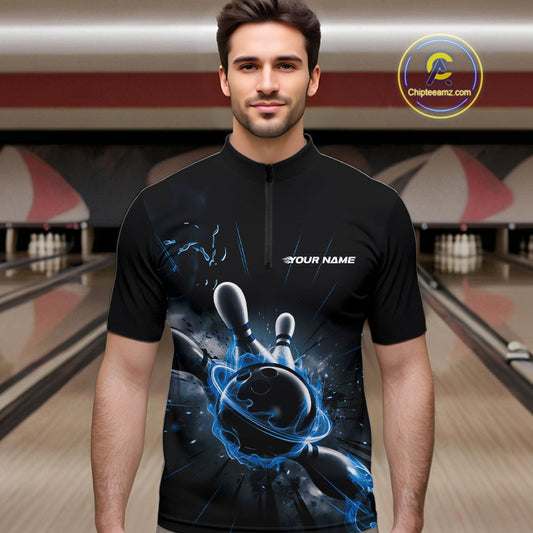 Custom Galaxy Blue Flame Bowling Quarter-Zip Shirt For Men, Bowling League Team Uniform IPHW9570