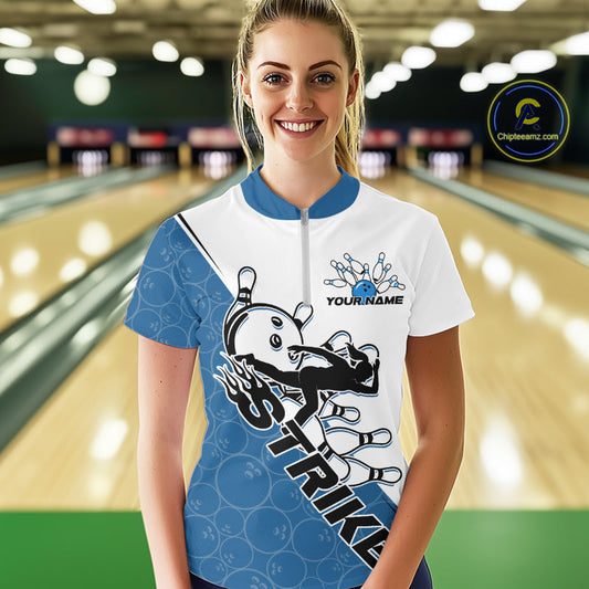Cusom Blue Strike Bowling Team Women Quarter-Zip Shirt, Bowling League Bowler Outfit IPHW9260