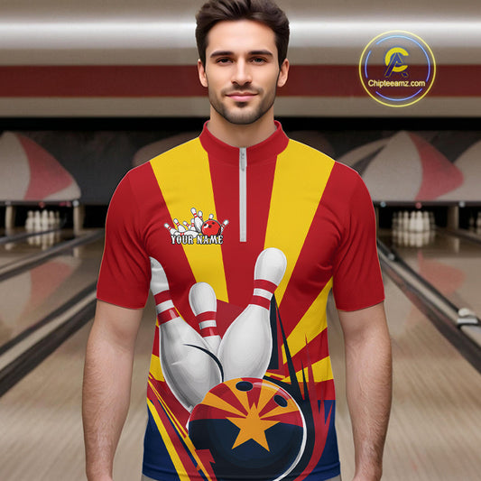 Custom Arizona Flag Bowling Quarter-Zip Shirts For Men, Bowling Tournament Shirt IPHW9264