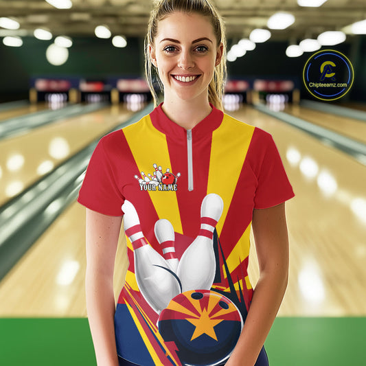 Custom Arizona Flag Bowling Quarter-Zip Shirts For Women, Bowling Tournament Shirt IPHW9264