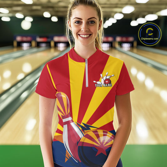 Custom Arizona Flag Bowling Team Quarter-Zip Shirts For Women, Bowling Tournament Shirt IPHW9265